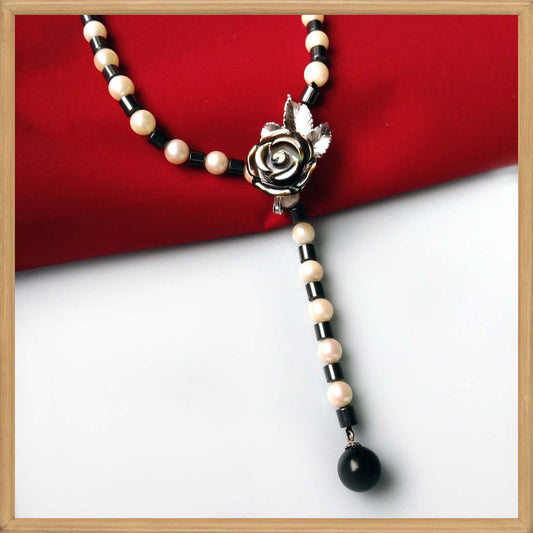 White Akoya Pearl Long Y Necklace with Black Hematite Beads