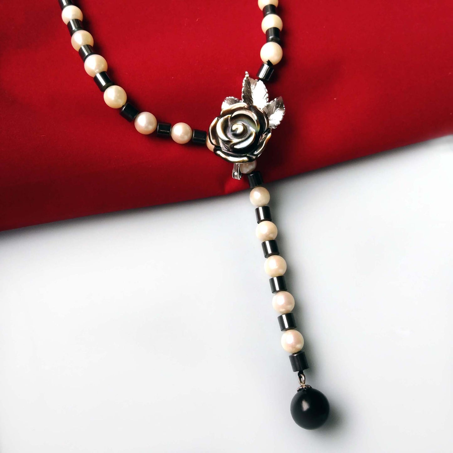 White Akoya Pearl and Black Hematite Y Necklace Long