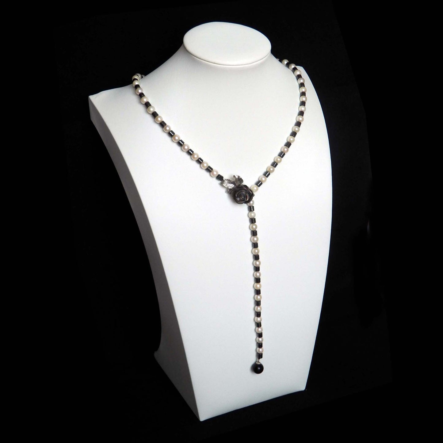 Long Akoya Pearl Y Necklace, Black Hematite Beads, Sterling Silver MOP Flower Pendant-Clasp
