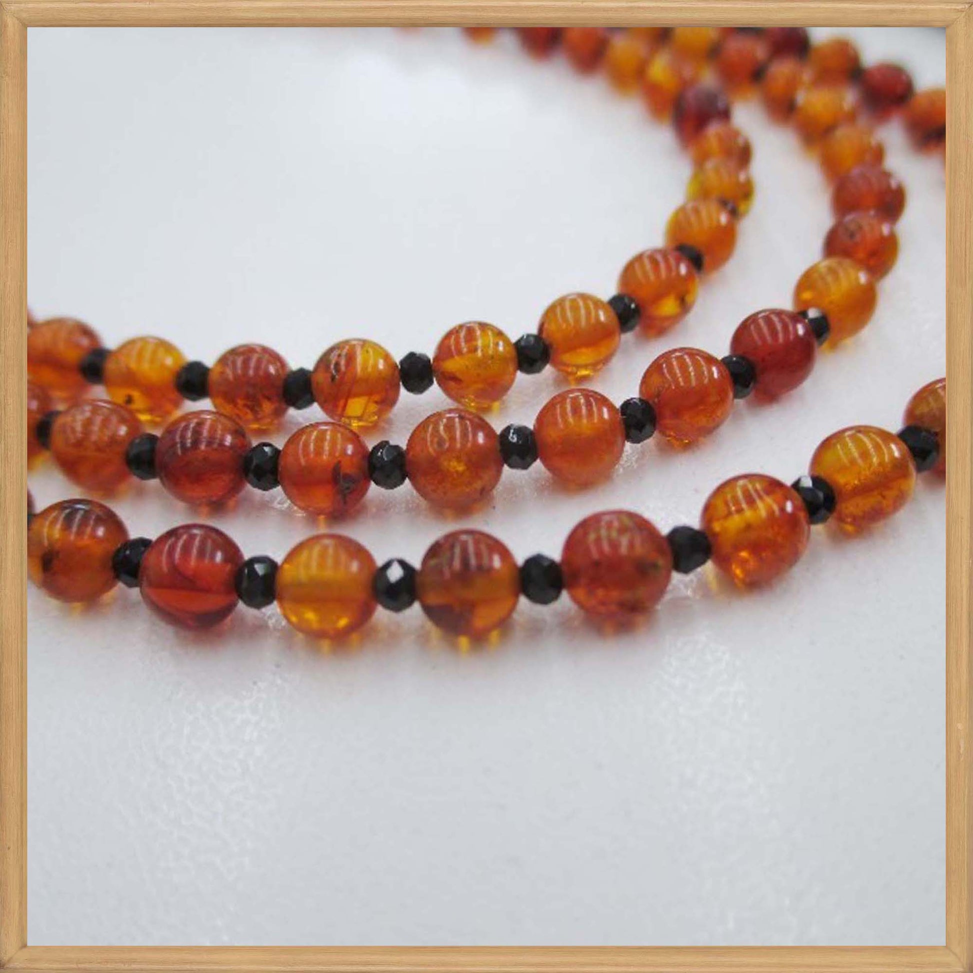 Three Strands Faceted Black Spinel and Amber Beaded Necklace Long