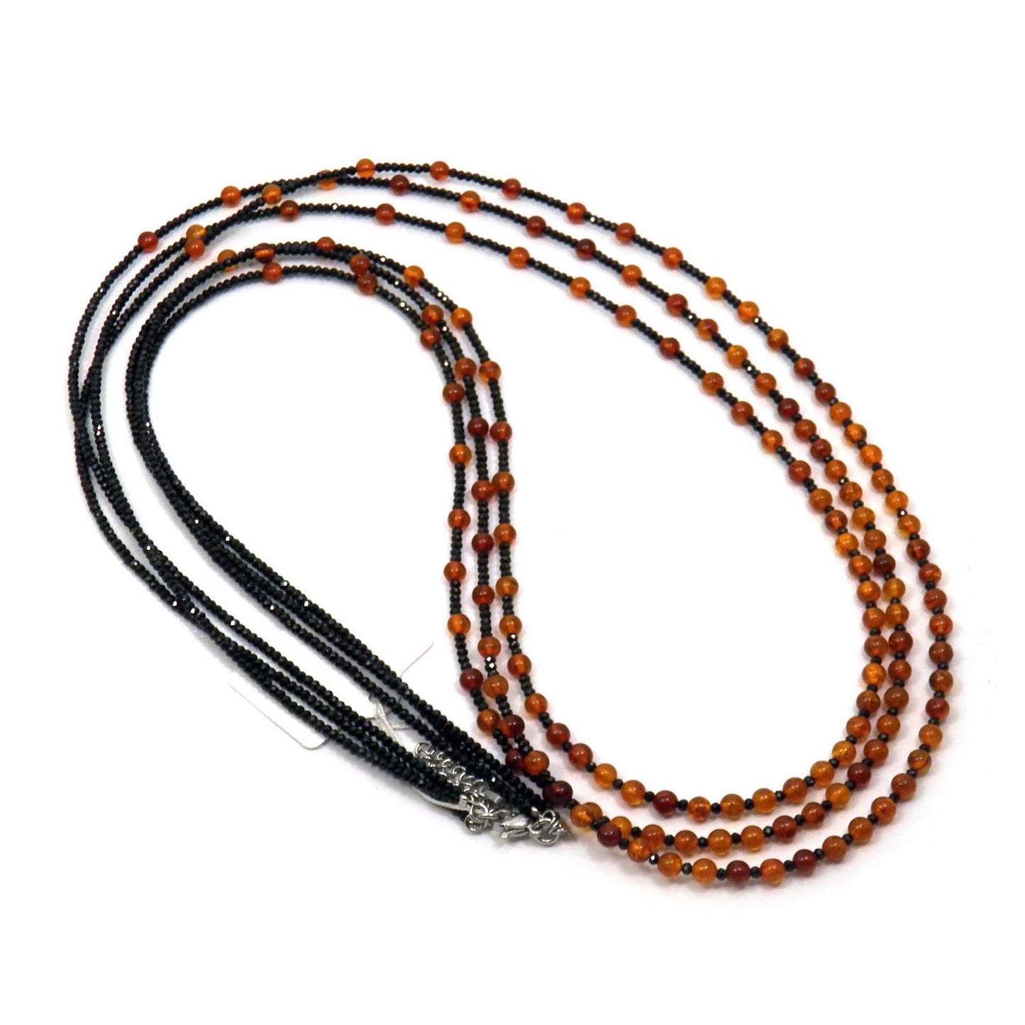 Three strands of gemstone bead necklace long