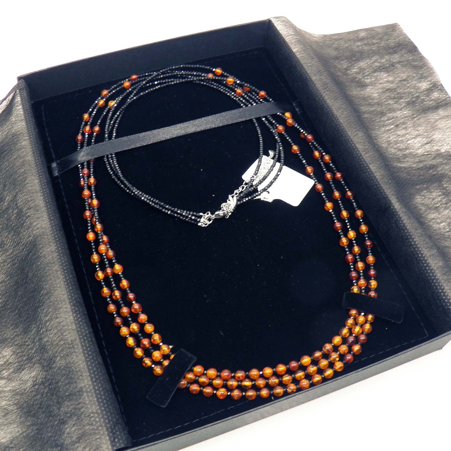Three Strands Black Spinel and Amber Beaded Necklace Long