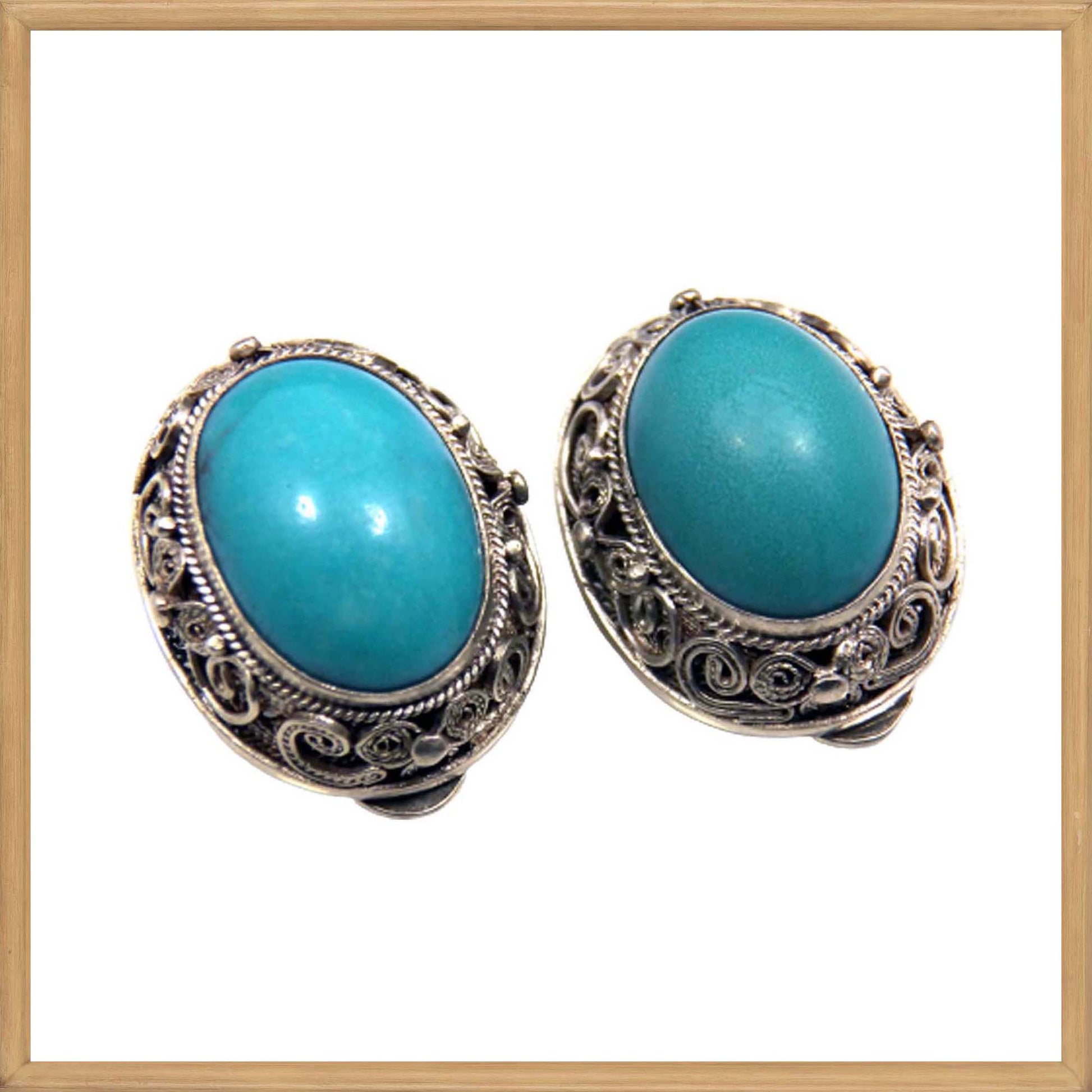 Antique Chinese Turquoise Clip on Earrings in Sterling Silver