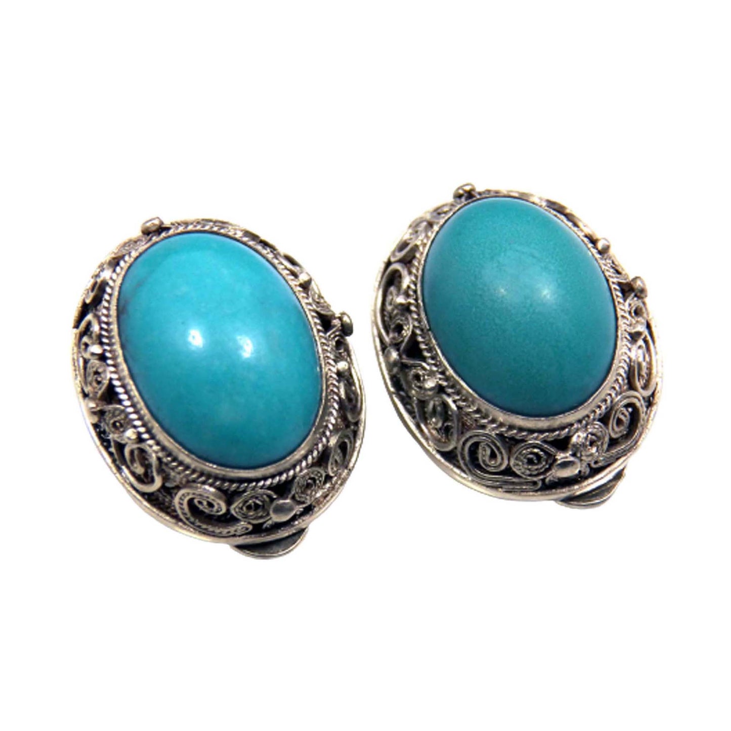 Antique Chinese Silver Turquoise Clip on Earrings 