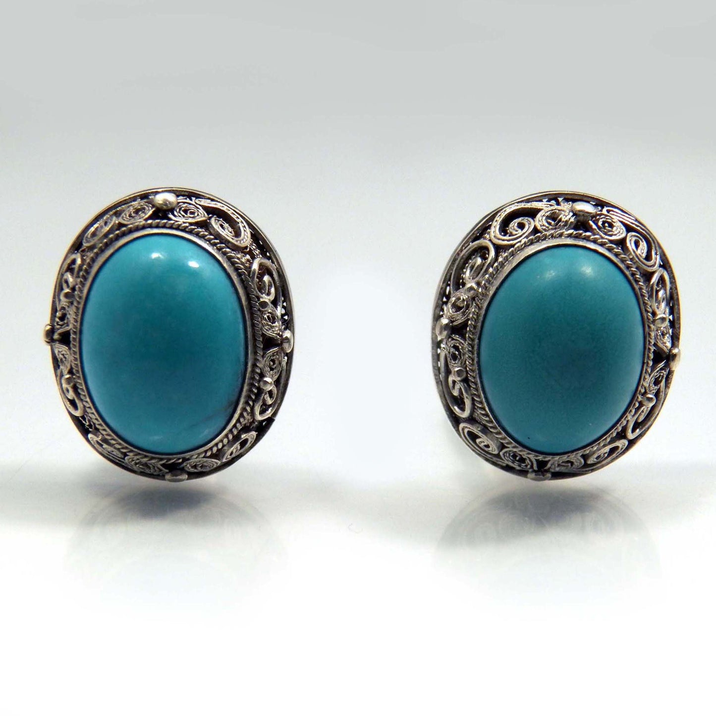 Antique Chinese Turquoise and Silver Filigree Clip on Earrings