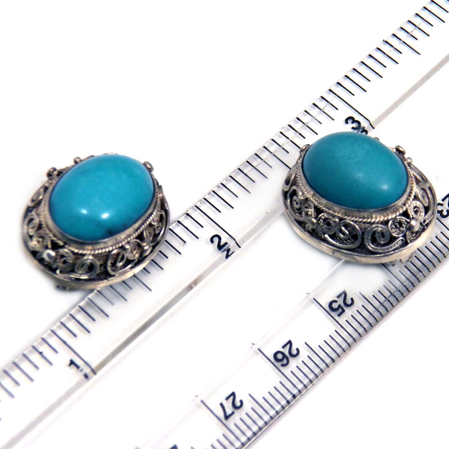 Antique Chinese Turquoise Clip on Earrings, Silver Filigree Vintage Jewelry 1930s