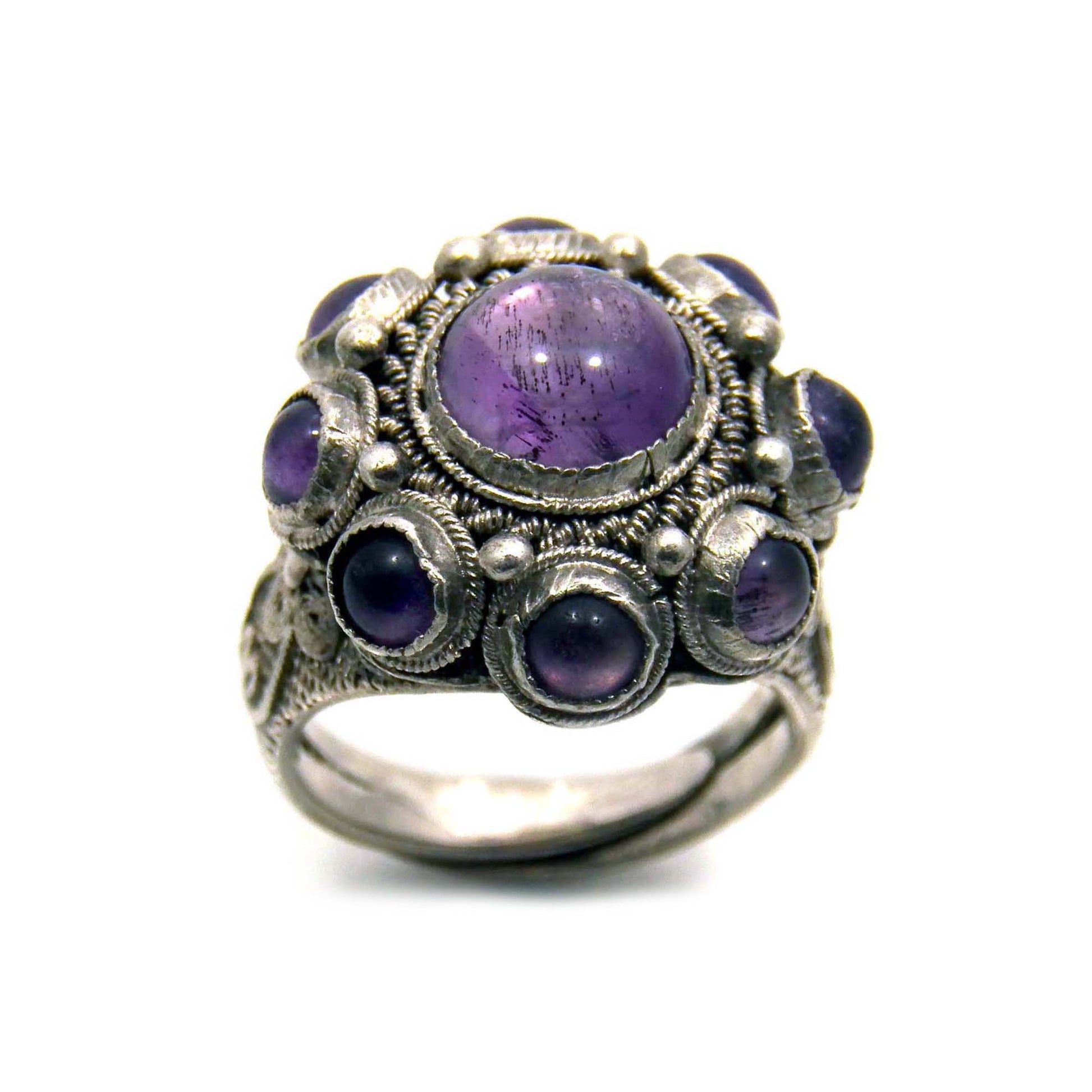 Antique Chinese silver filigree ring with amethyst
