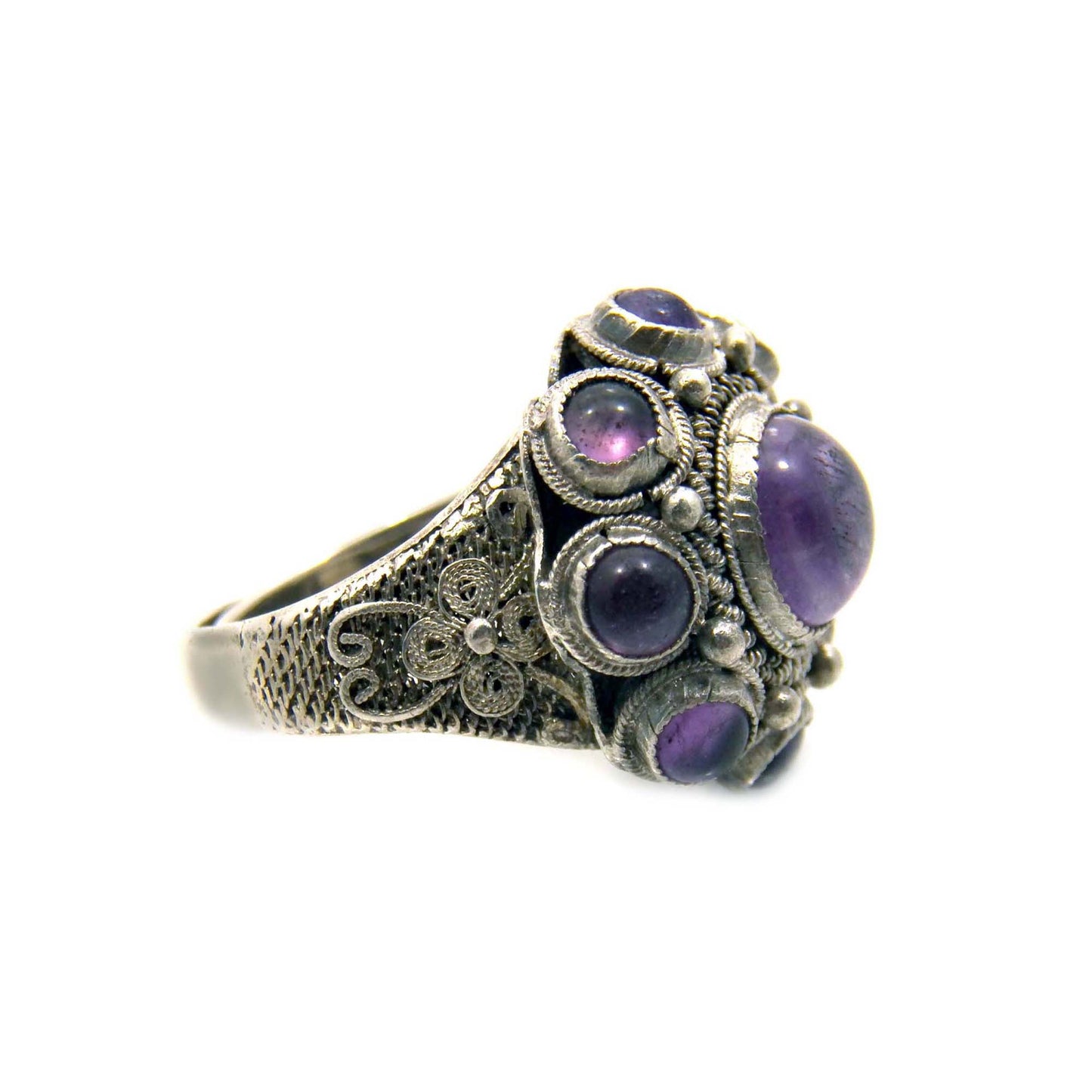 Chinese Antique Amethyst Ring, Sterling Silver Filigree Adjustable Band, Art Deco Jewelry 1920s