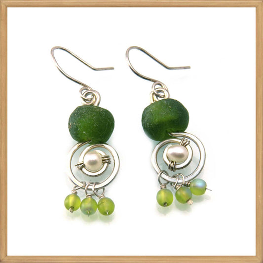 Ancient Roman Green Glass Earrings with  Freshwater Pearls