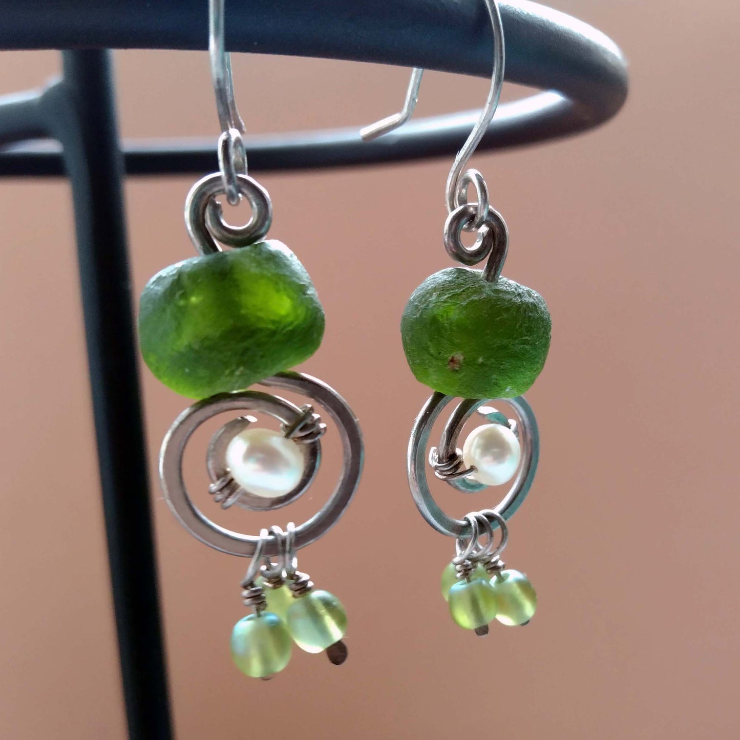 ancient Roman green glass bead earrings