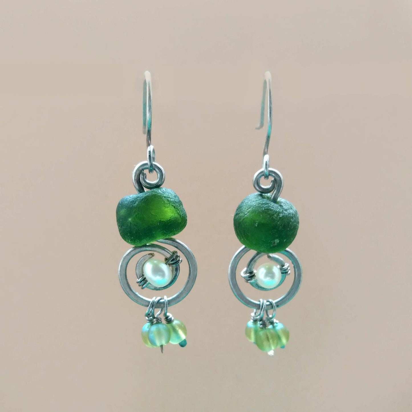 Ancient Roman Green Glass Earrings with  Freshwater Pearls, Sterling Silver Spiral Unique Artisan Jewelry, Exclusive design