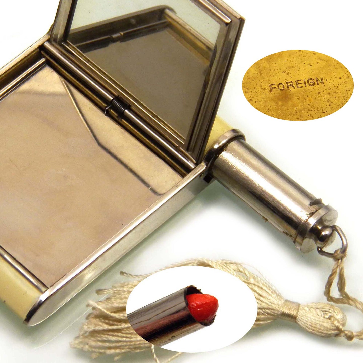 Art Deco Camera Powder Compact with Lipstick and Silk Tassel, Foreign Germany 1930s