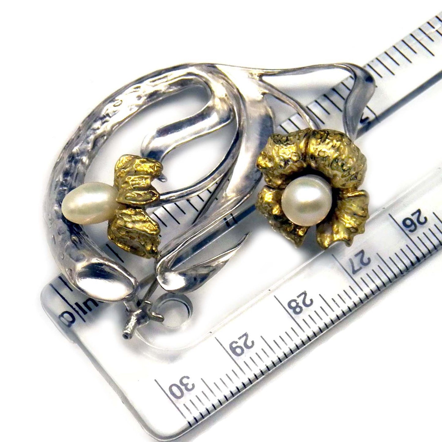 Baroque Pearl Flower Brooch in Silver 950, Art Nouveau Style Pin, Shinji Japanese Jewelry