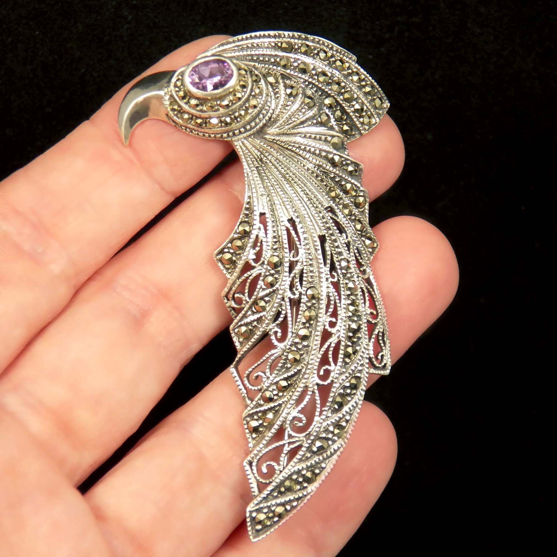 Large Silver Bird  Brooch with Amethyst and Marcasites