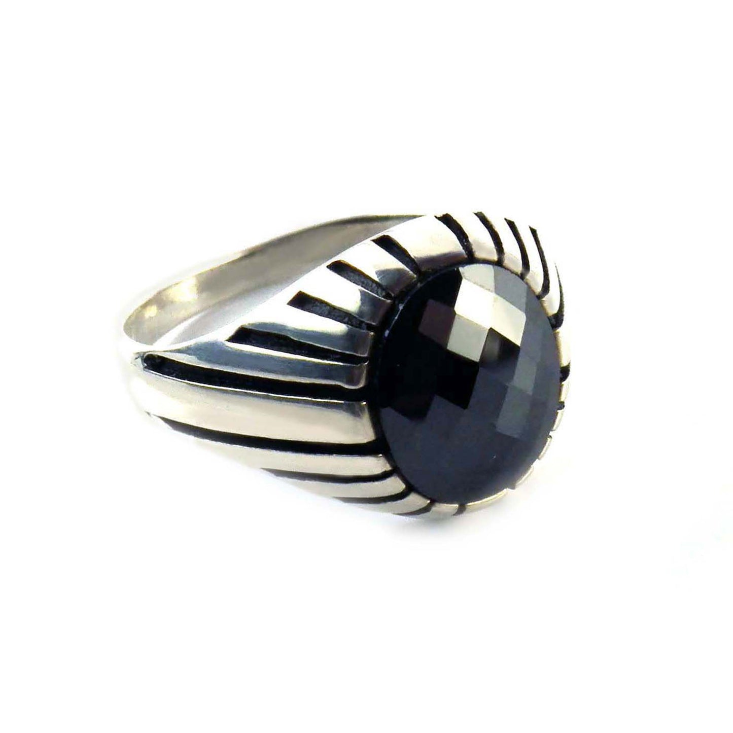 Faceted Black Spinel Ring for Men, Sterling Silver Vintage Jewelry
