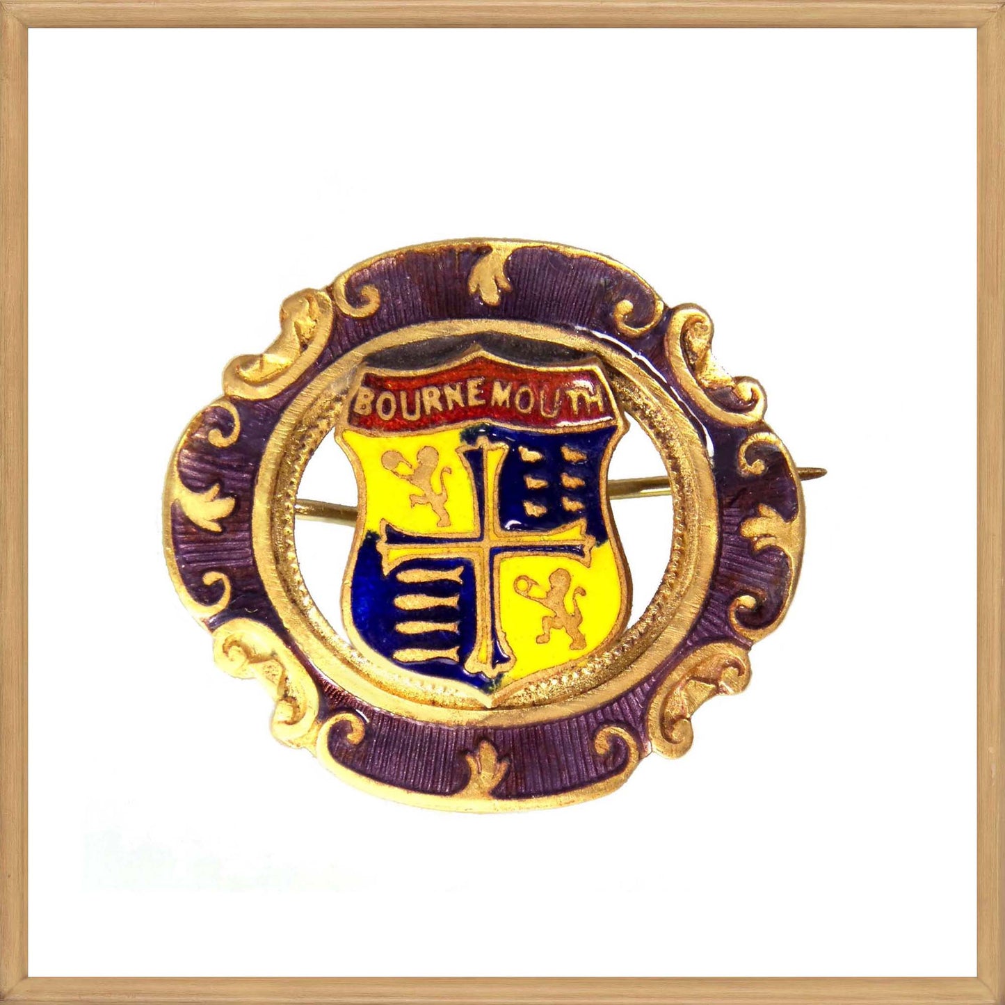 Antique Guilloche Enamel Brooch, Bournemouth Coat of Arm Pin