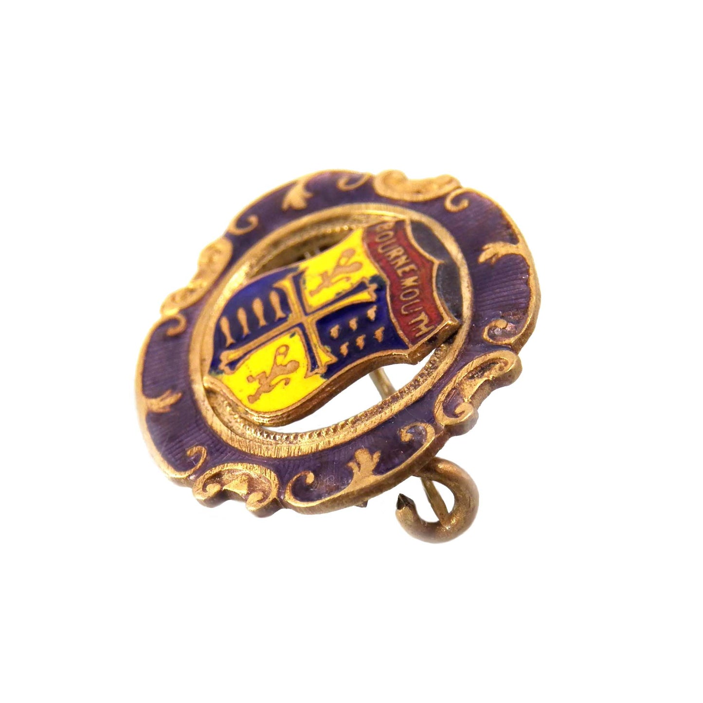 Antique Guilloche Enamel Brooch, Bournemouth Coat of Arm Pin, English Victorian Travel Jewelry