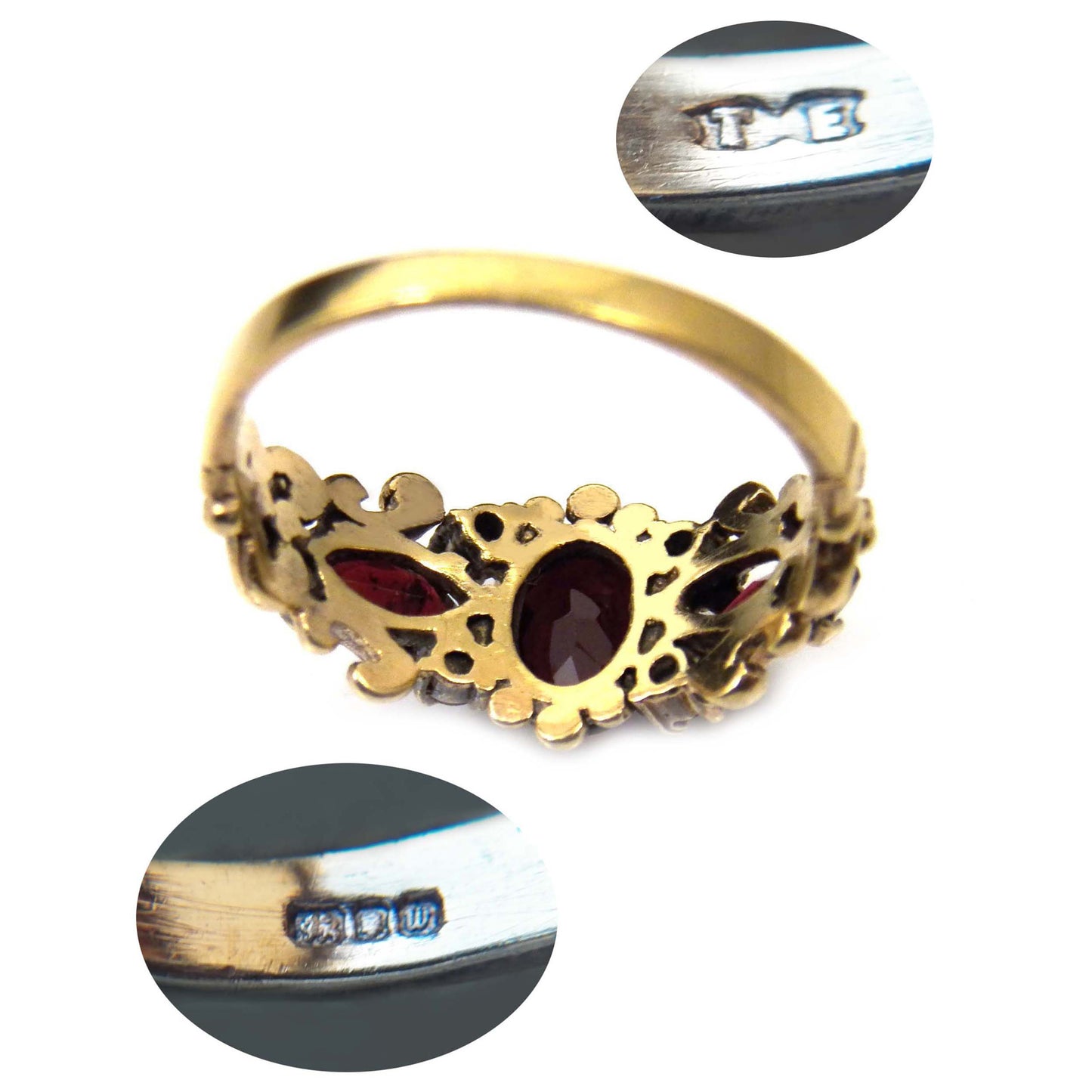 Victorian Revival Garnet Ring, Gilt Sterling Silver Vintage British Jewelry