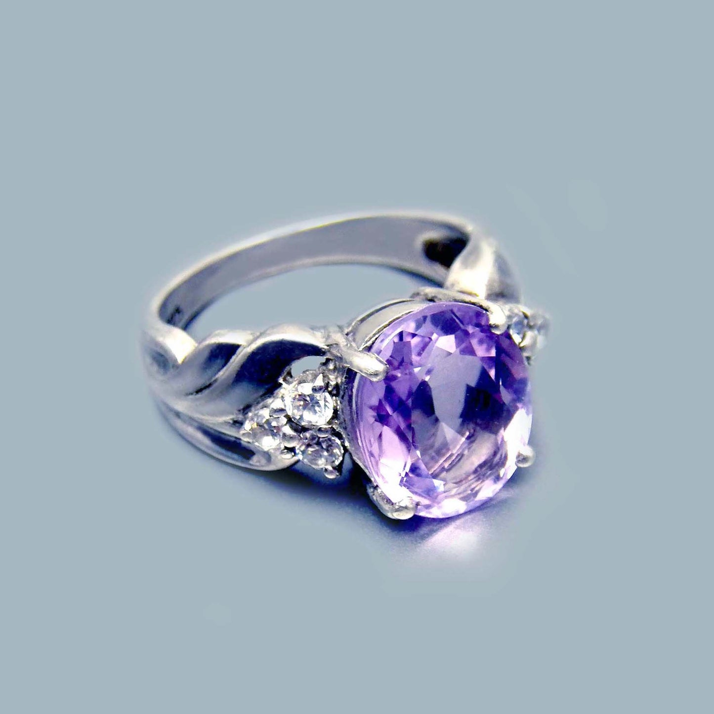 Oval Amethyst Statement Ring, Sterling Silver CZ Vintage Jewelry