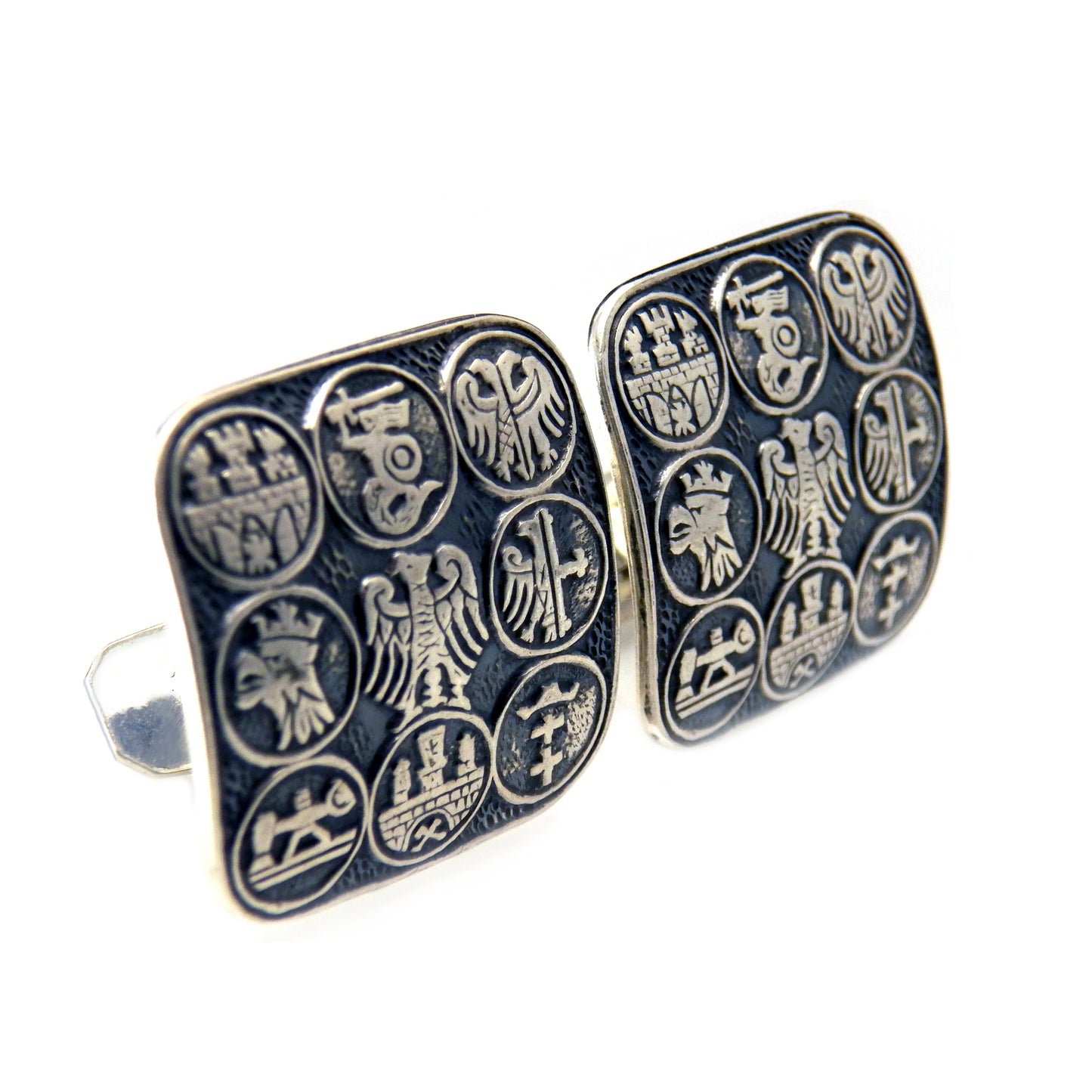 Large Coat of Arms Cufflinks, 800 Silver Heraldic Shield, Vintage Mens Jewelry 1960s