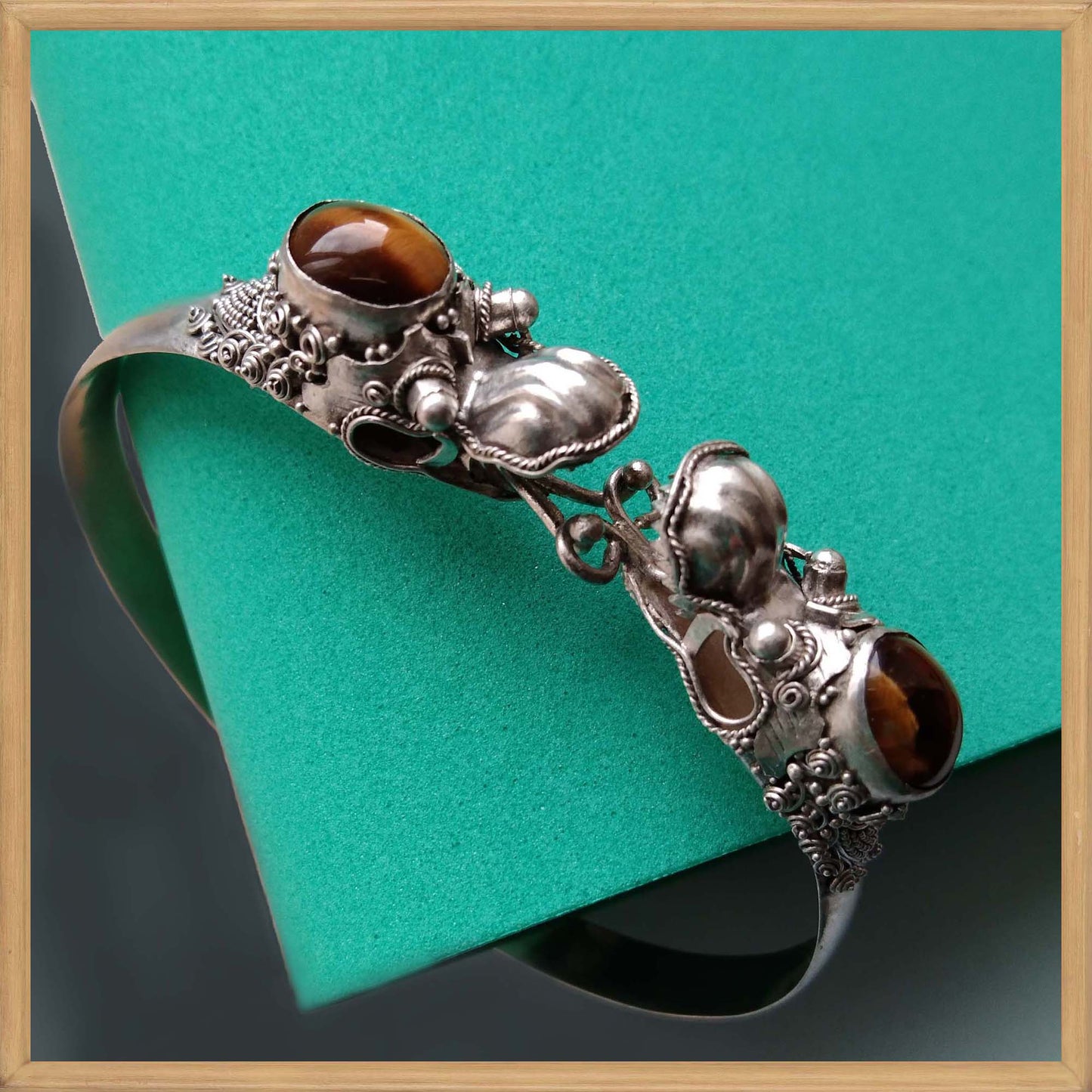 950 Silver Double Dragon Bangle with Tigers Eye Stone 