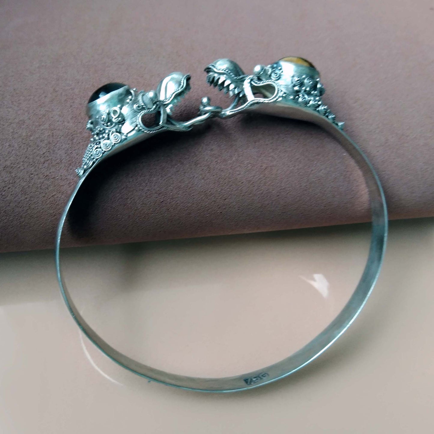 950 Silver Double Dragon Bangle, Tigers Eye Stone Bracelet, Vintage Artisan Jewelry Bali