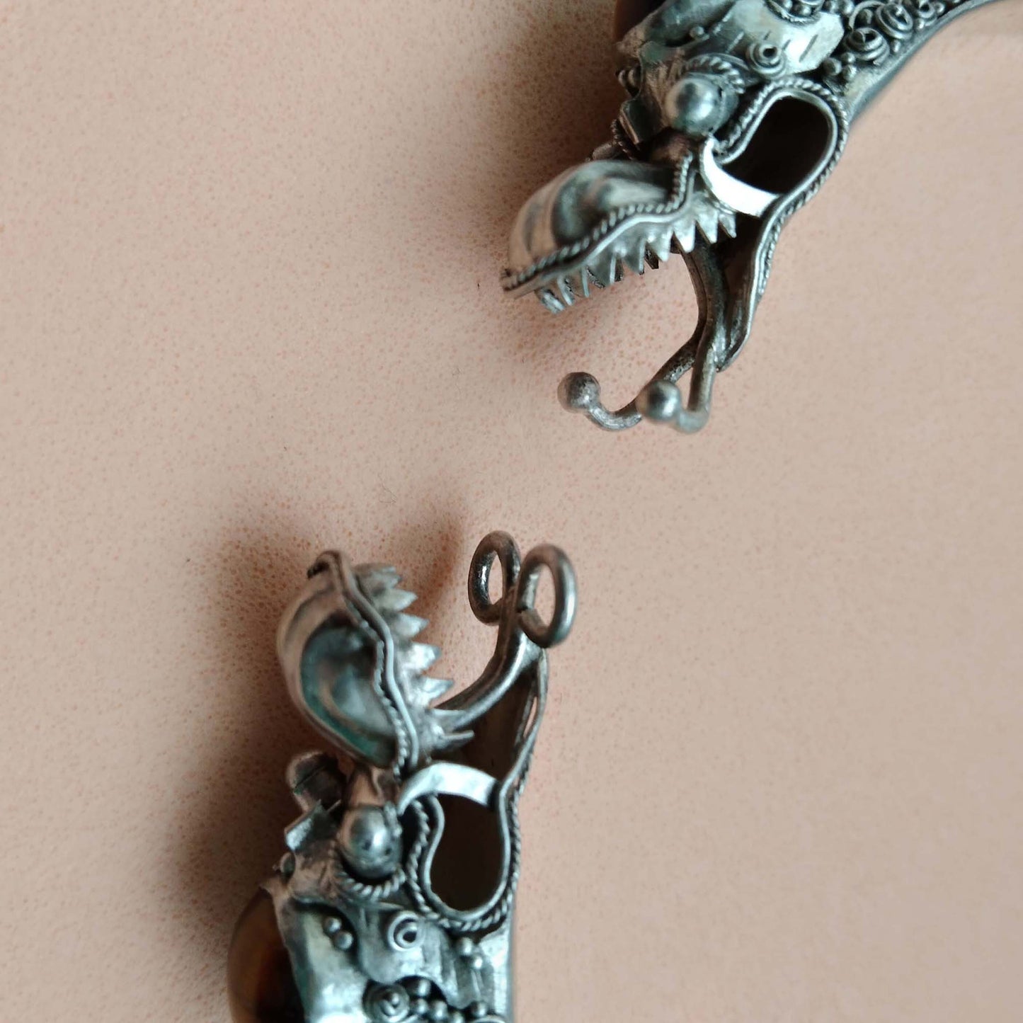 950 Silver Double Dragon Bangle, Tigers Eye Stone Bracelet, Vintage Artisan Jewelry Bali