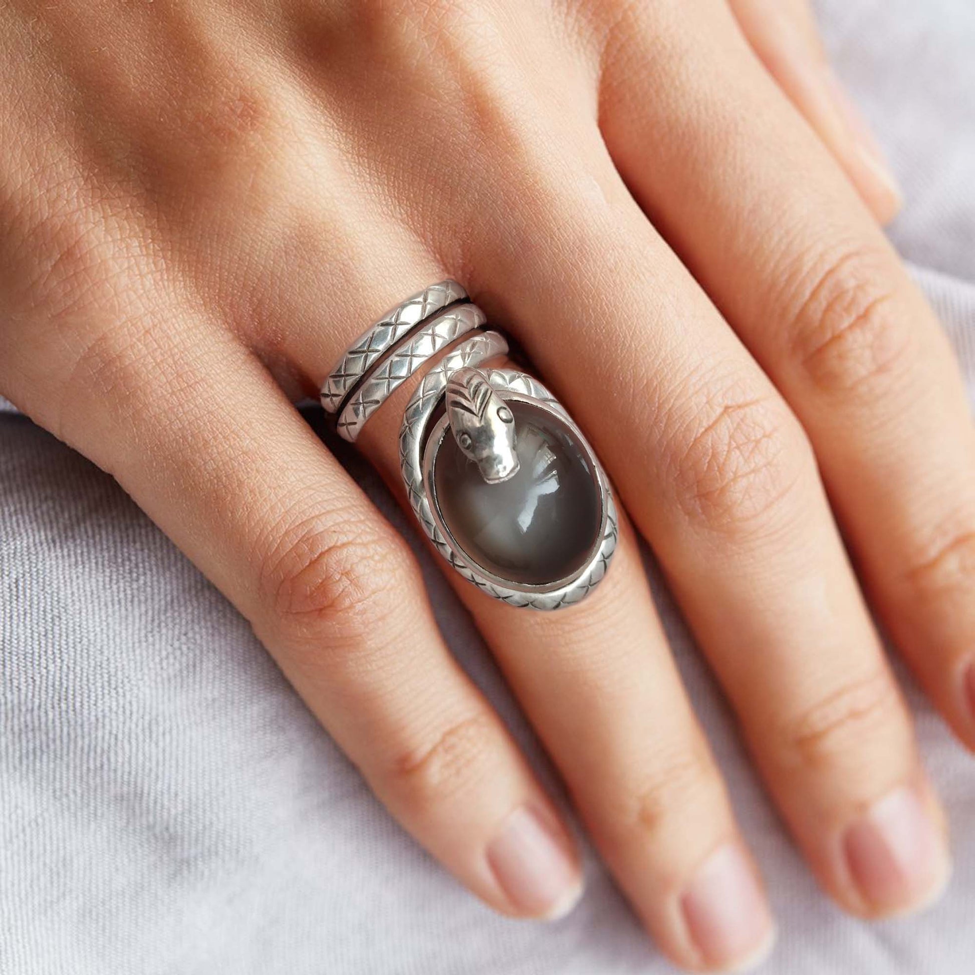  Sterling Silver Snake Ring with Large Grey Moonstone 