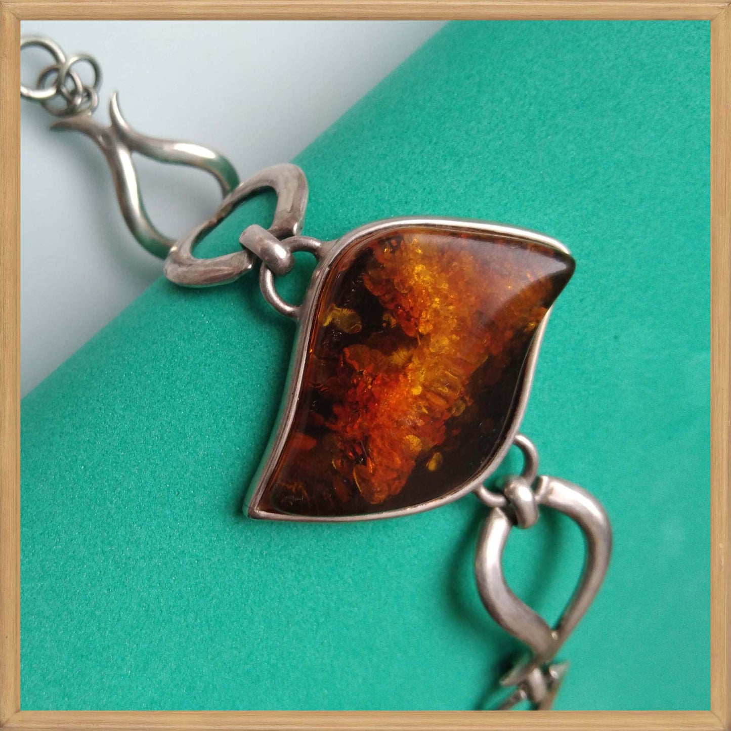 Large Rhomboid Amber Link Bracelet in Sterling Silver 