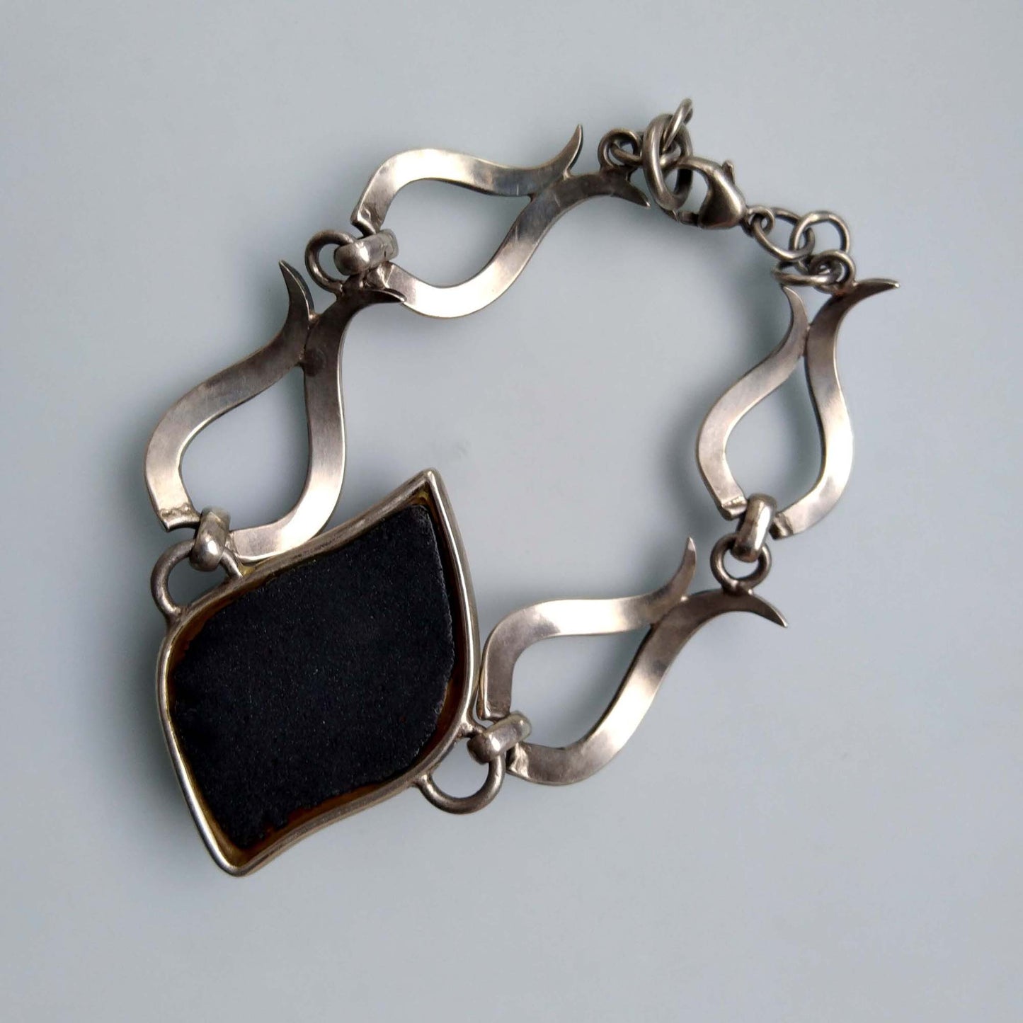 Large Rhomboid Amber Link Bracelet, Sterling Silver Massive Vintage Jewelry
