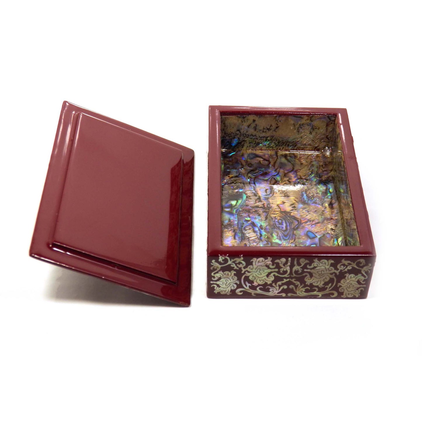 Bat Design Jewelry Box, Koreian Red Lacquer Wood Trinket Box, Mother of Pearl Inlay