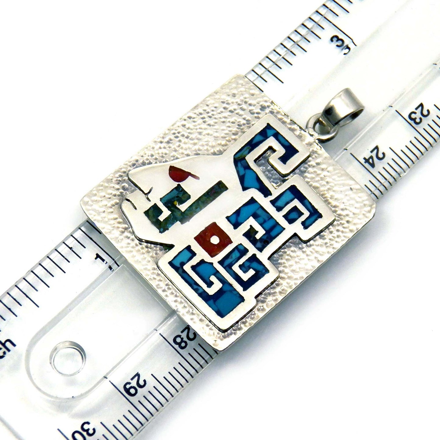 Turquoise Inlay Warrior Sterling Silver Pendant, Taxco Mexico CAM Jewelry for Men