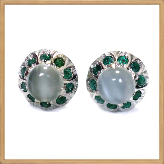 Moonstone and Tsavorite Garnet Stud Earrings in Sterling Silver 