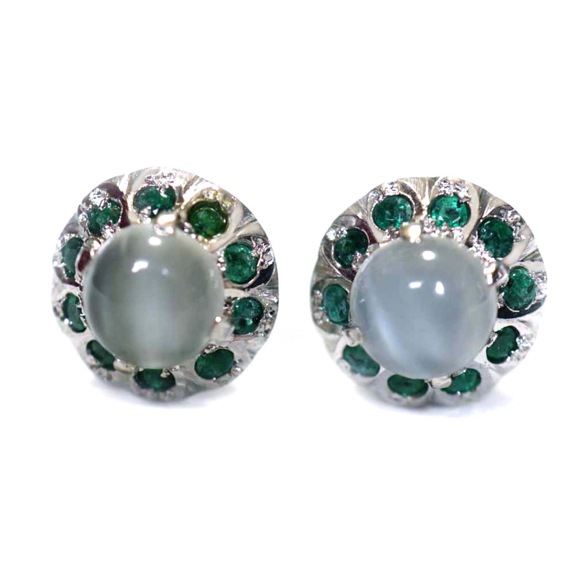 Moonstone and Green Garnet Stud Earrings in Sterling Silver 