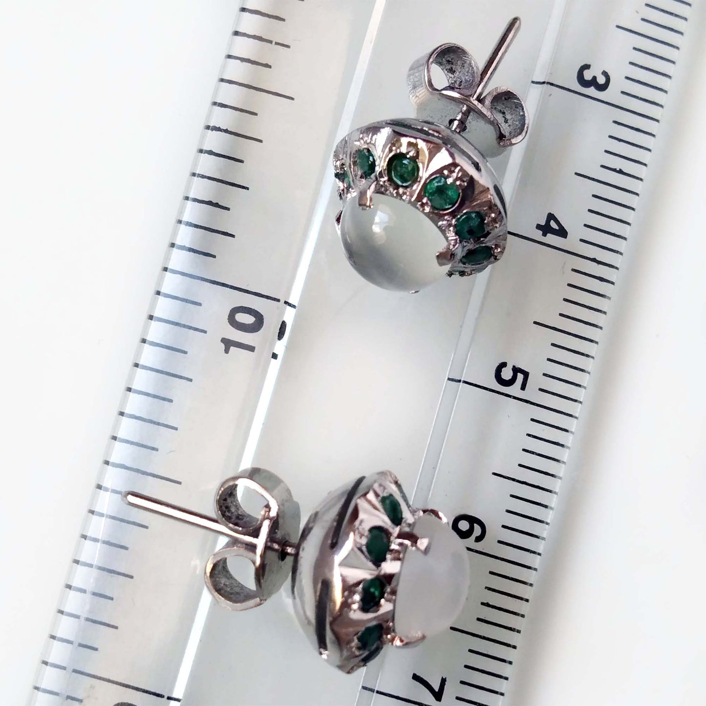 Moonstone and Tsavorite Garnet Stud Earrings, Sterling Silver Multi Gemstone Jewelry