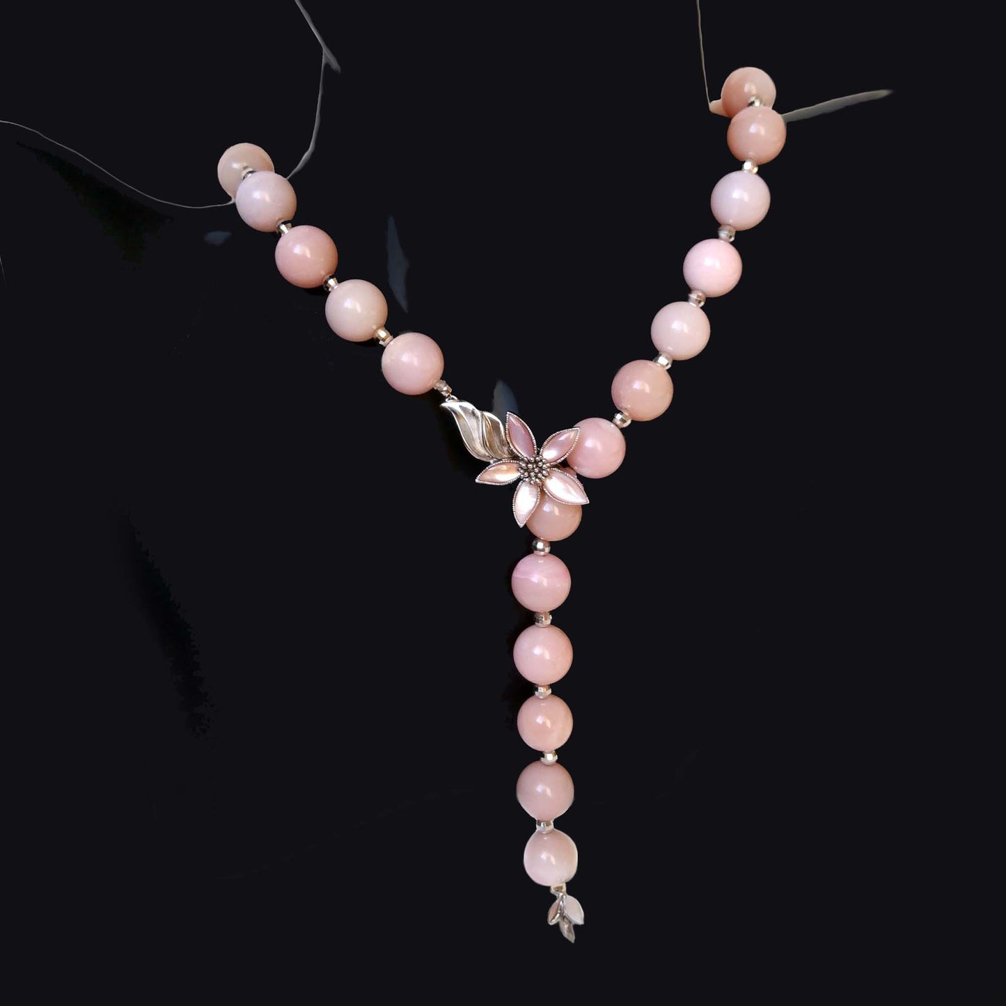 Peruvian Pink Opal Y Necklace with Sterling Silver MOP Flower Pendant-Clasp