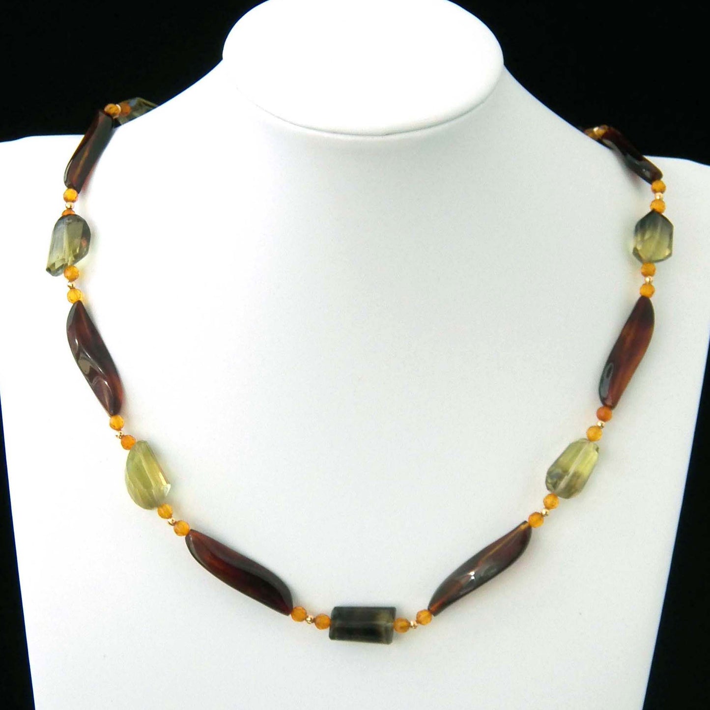 Multi-Gemstone Beaded Necklace, Green Amethyst, Tortoise Shell, Faceted Amber, Vintage 1960s Jewelry