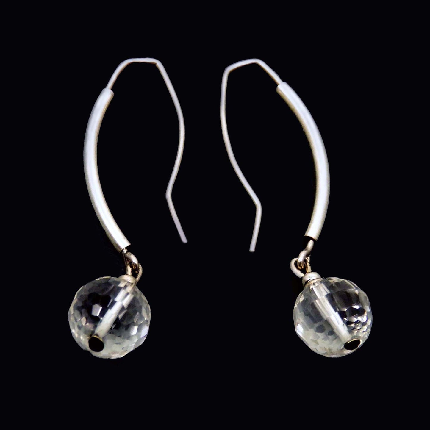 Faceted Quartz Ball Earrings, Sterling Silver Long Ear Hook, Rock Crystal Geometric Jewelry