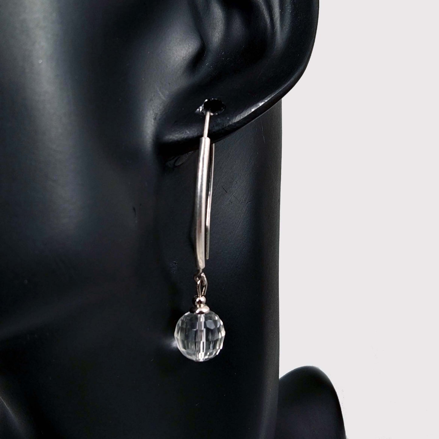 Faceted Quartz Ball Earrings, Sterling Silver Long Ear Hook, Rock Crystal Geometric Jewelry