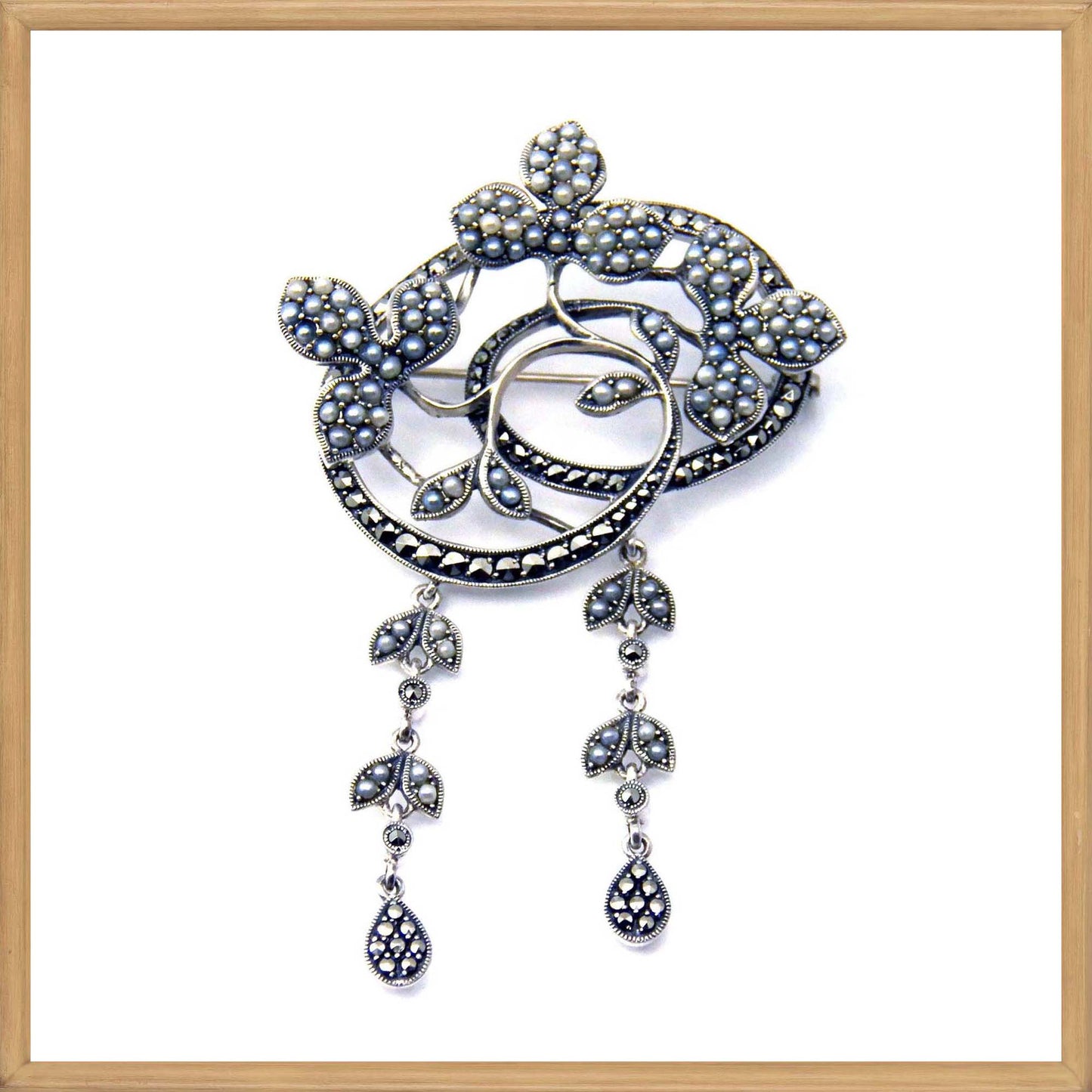 Marcasite and Blue Seed Pearl Brooch in Sterling Silver 
