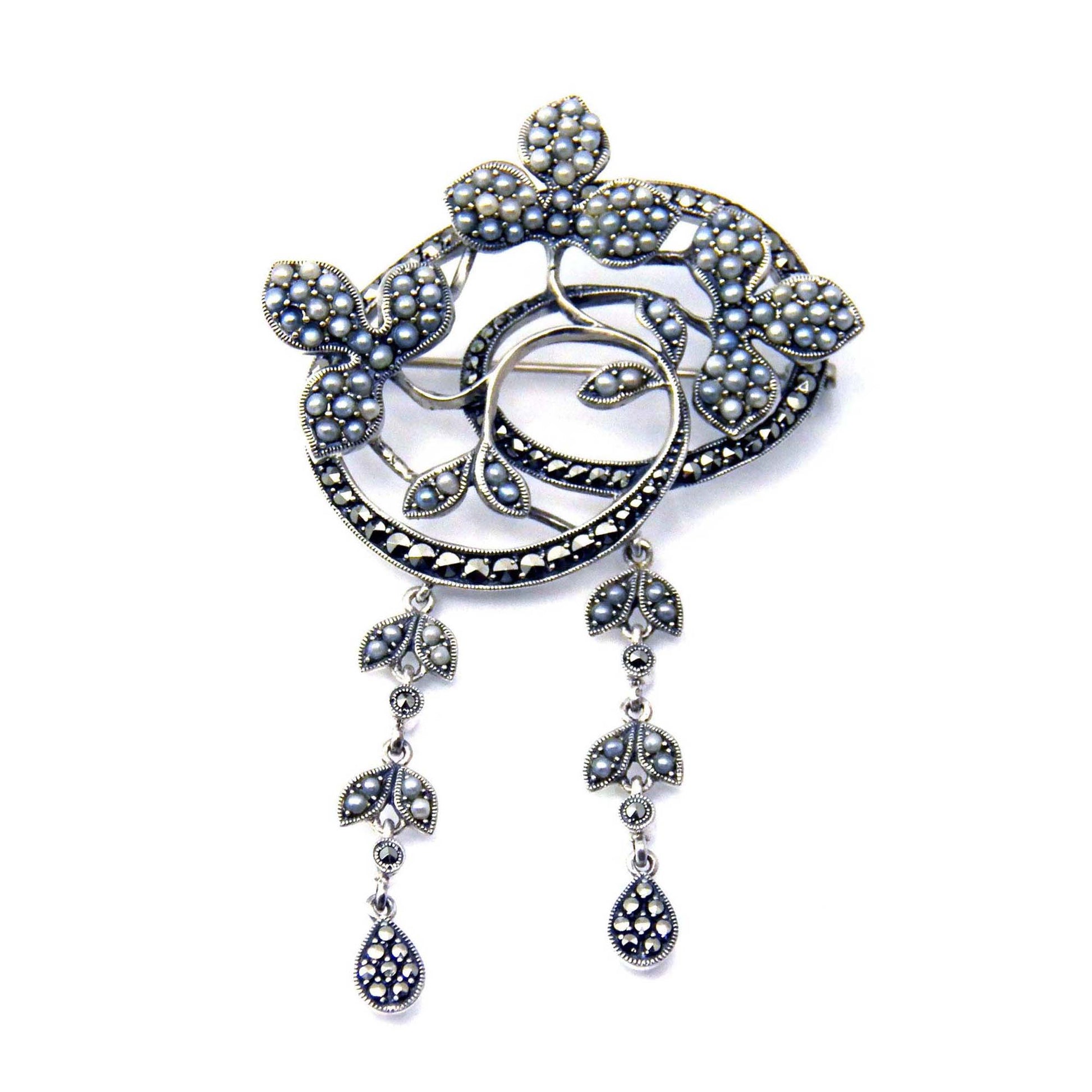 Victorian Revival  Seed pearl brooch in sterling silver