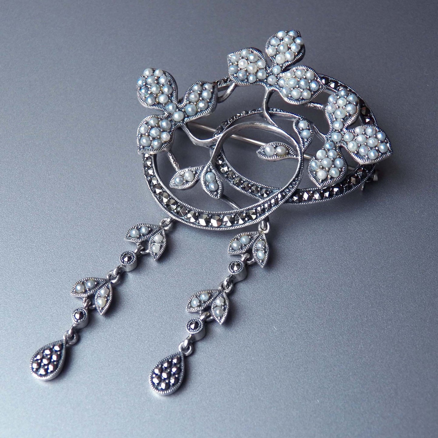Victorian revival brooch with seed pears and marcasites