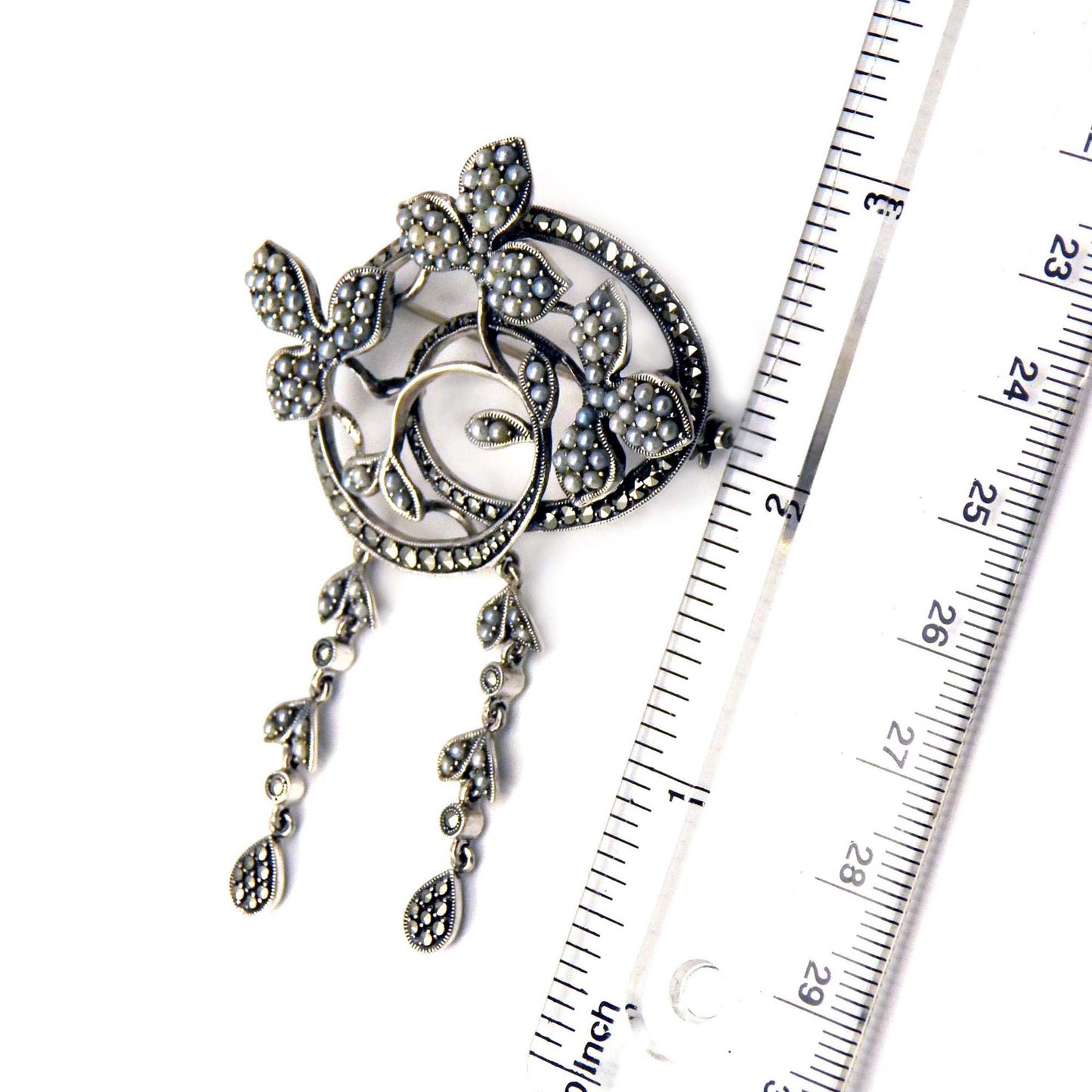 Marcasite and Seed Pearl Brooch, Sterling Silver Pin, Victorian Revival Jewelry