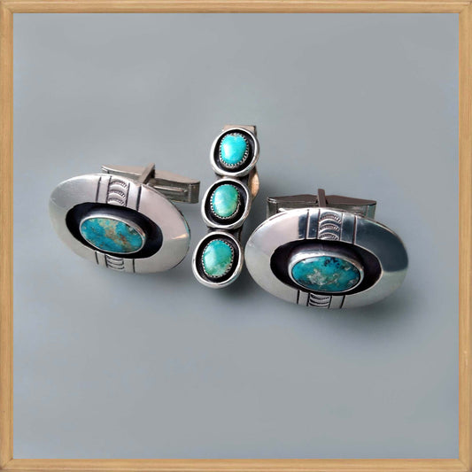 Turquoise Cufflinks and Tie Clip Set