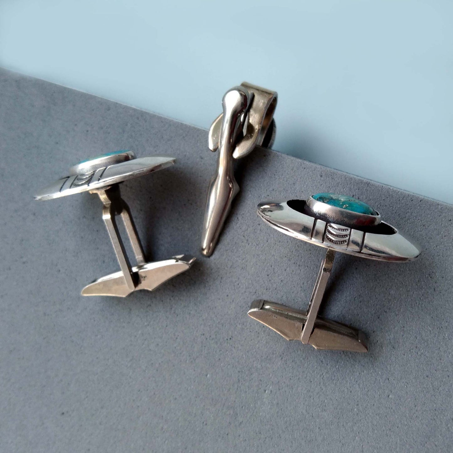 Turquoise Cufflinks and Tie Clip Set, Sterling Silver Southwestern Jewelry for Men