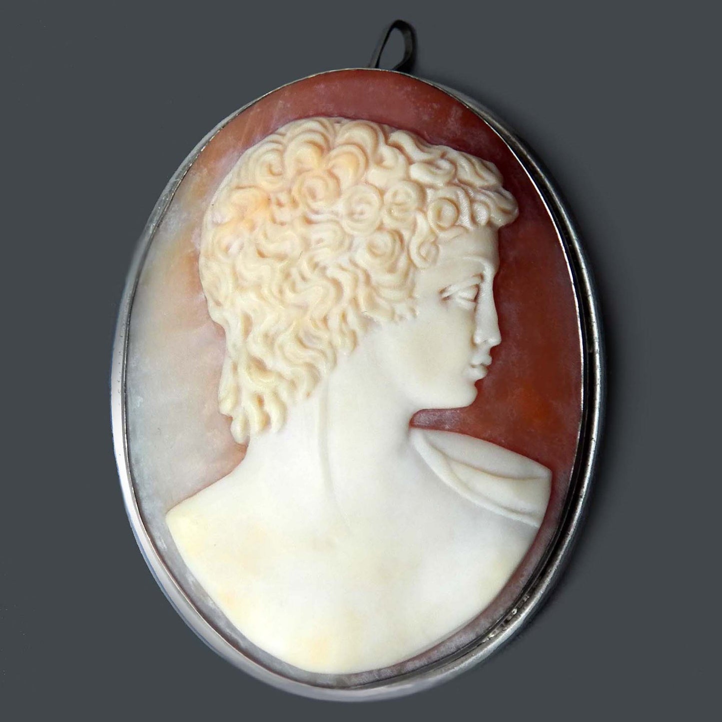 Carved shell cameo young man brooch pendant. in 800 silver