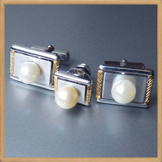 Akoya Pearl Cufflinks and Tie Tack Pin Set in Sterling Silver 
