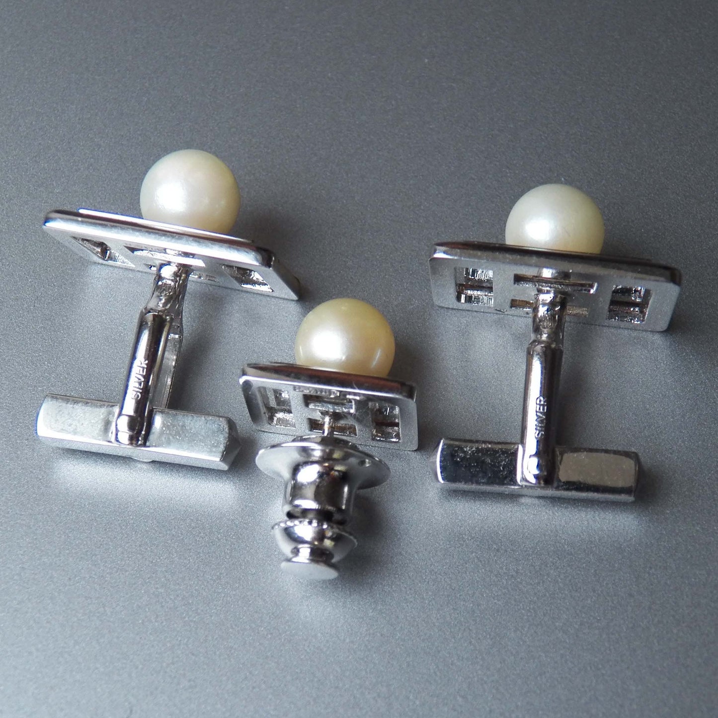 Akoya Pearl Cufflinks and Tie Tack Pin Set, Sterling Silver Gemstone Jewelry for Men