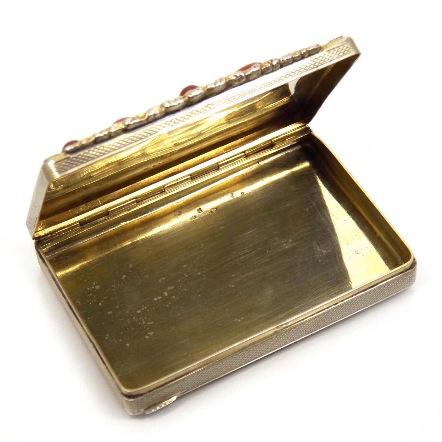 Antique Austro-Hungarian Enamel Snuff Box, 800 Silver, Gold Wash, Carnelian Cabochons
