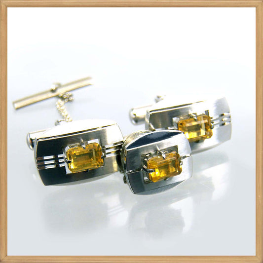 Citrine Cufflinks and Tie Tack Pin Set in Sterling Silver 